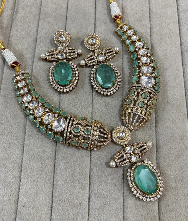 Kundan Moissanite Polki Necklace Set: Gold Finish Indian Wedding Jewelry