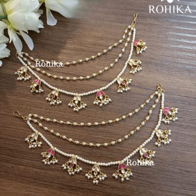 Pachhi Kundan Earchains White & Red