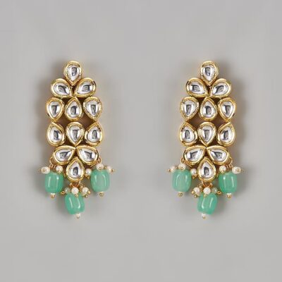Gold Finish Kundan Polki & Mint Green Stone Dangler Earrings