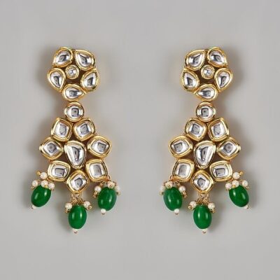 Gold Finish Kundan Polki & Green Stone Floral Dangler Earrings