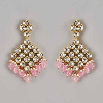 Gold Finish Kundan Polki & Pink Beaded Dangler Earrings