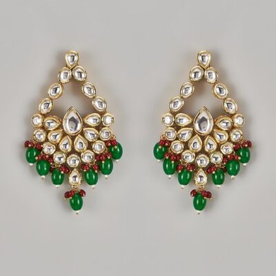 Gold Finish Kundan Polki & Green Drop Chandbali Earrings