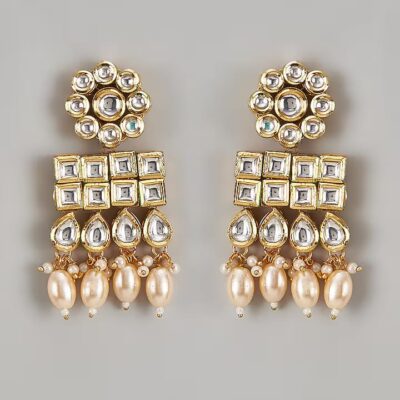 Gold Finish Kundan Polki Square Dangler Earrings