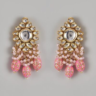Gold Finish Kundan Polki & Pink Beaded Dangler Earrings