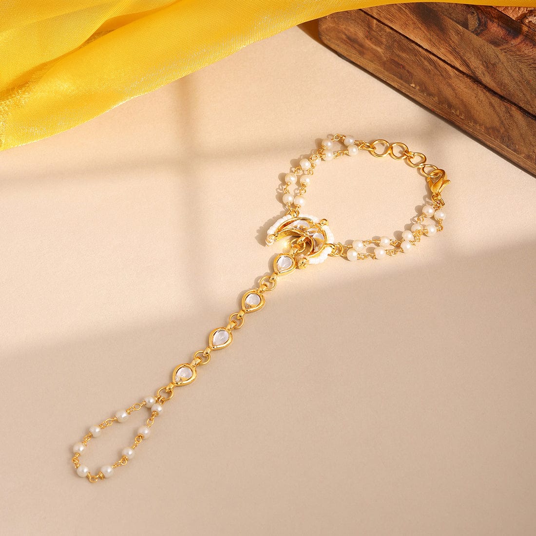 Kids Kundan Bracelet/Haath Phool in Gold Plated Brass with Pearls (Pack Of 2)