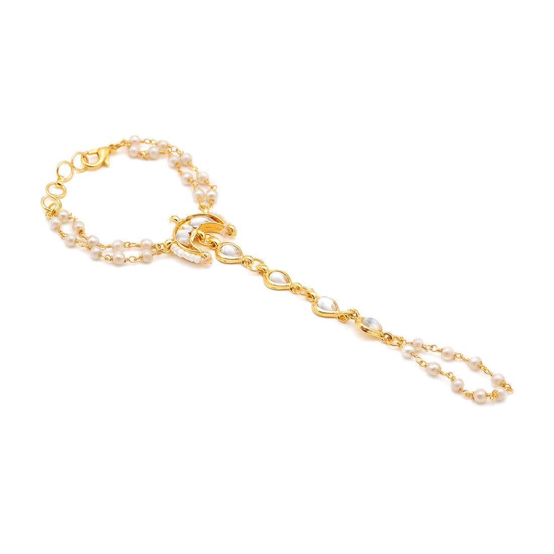 Kids Kundan Bracelet/Haath Phool in Gold Plated Brass with Pearls (Pack Of 2) - Image 4