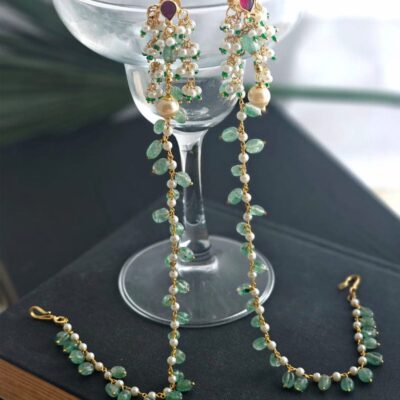 Mint Glow Pachi Kundan Earrings with Ear Chain