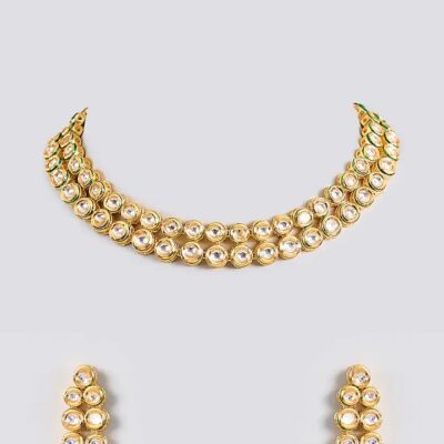 Gold Finish Kundan Polki Handcrafted Necklace Set
