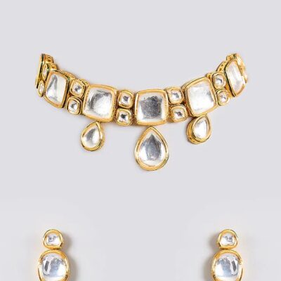 Gold Finish Kundan Polki Handcrafted Necklace Set
