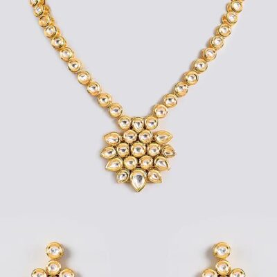 Gold Finish Kundan Polki Handcrafted Necklace Set