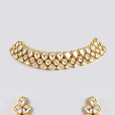 Gold Finish Kundan Polki Handcrafted Necklace Set
