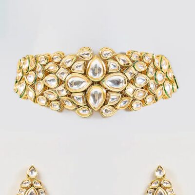 Gold Finish Kundan Polki Handcrafted Necklace Set