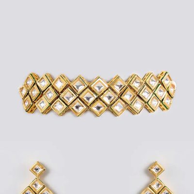 Gold Finish Kundan Polki Handcrafted Necklace Set