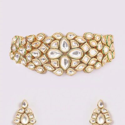 Gold Finish Kundan Polki Handcrafted Necklace Set