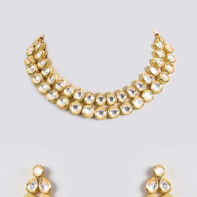 Gold Finish Kundan Polki Handcrafted Necklace Set