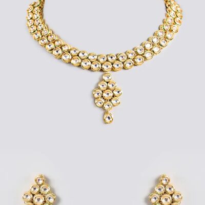 Gold Finish Kundan Polki Handcrafted Necklace Set