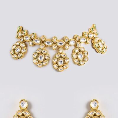 Gold Finish Kundan Polki Handcrafted Necklace Set