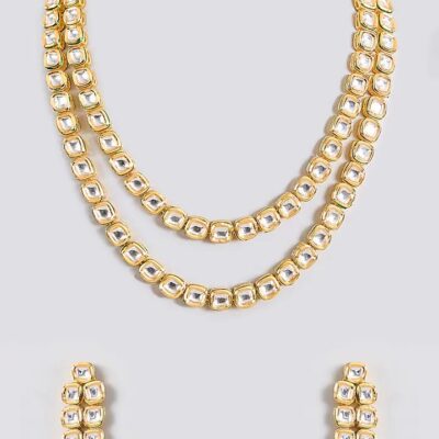Gold Finish Kundan Polki Handcrafted Necklace Set