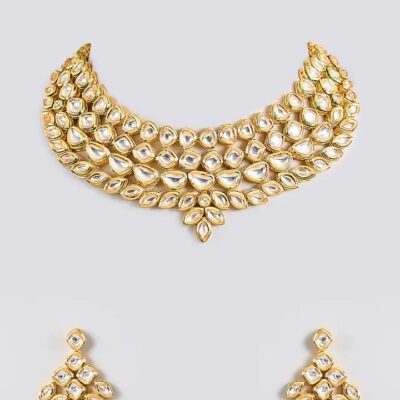 Gold Finish Kundan Polki Handcrafted Necklace Set