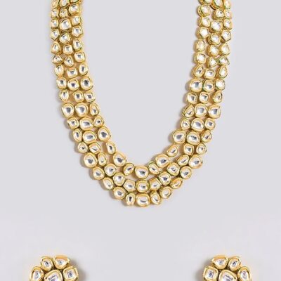 Gold Finish Kundan Polki Handcrafted Necklace Set