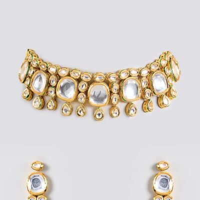 Gold Finish Kundan Polki Handcrafted Necklace Set