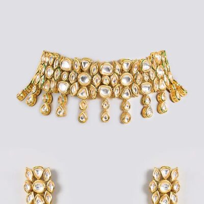 Gold Finish Kundan Polki Handcrafted Necklace Set