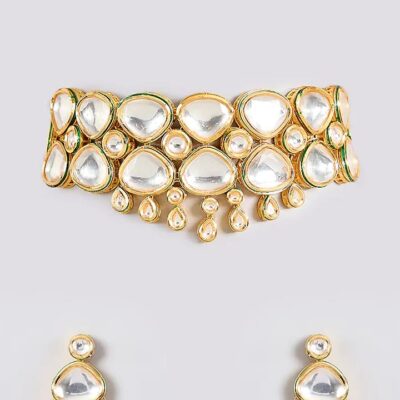 Gold Finish Kundan Polki Handcrafted Necklace Set