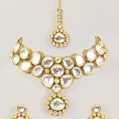 Gold Finish Kundan Polki Handcrafted Necklace Set