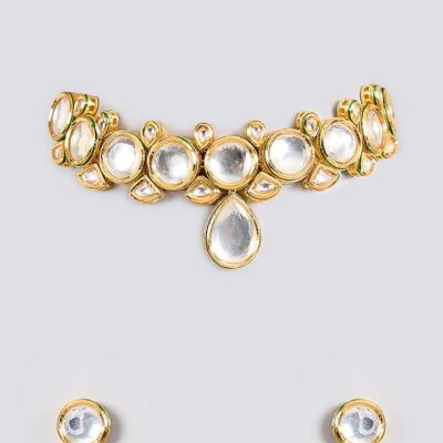 Gold Finish Kundan Polki Handcrafted Necklace Set