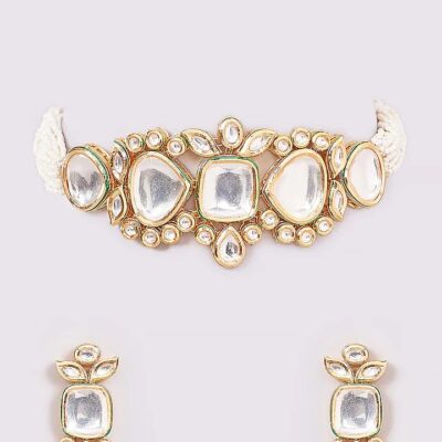 Gold Finish Kundan Polki Handcrafted Necklace Set