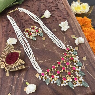 Designer Pendant Pearl Beaded Kundan Jadau Neckpiece-Red-Pastel Green Bead