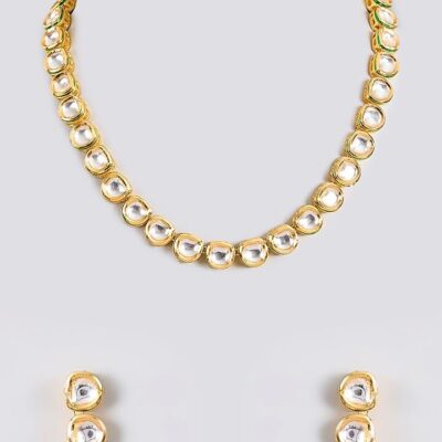 Gold Finish Kundan Polki Handcrafted Necklace Set