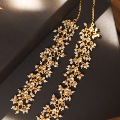 Gold Plated Kundan Stones Studded Teardrop Shaped Earchain Jhumka Jhumki Pearl Earrings