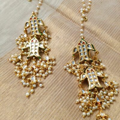 Gold Plated Fabric Flowers, Pearls Kundan Tiered Chandeliers
