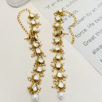 Gold Pearl Studded Long Kundan Earrings
