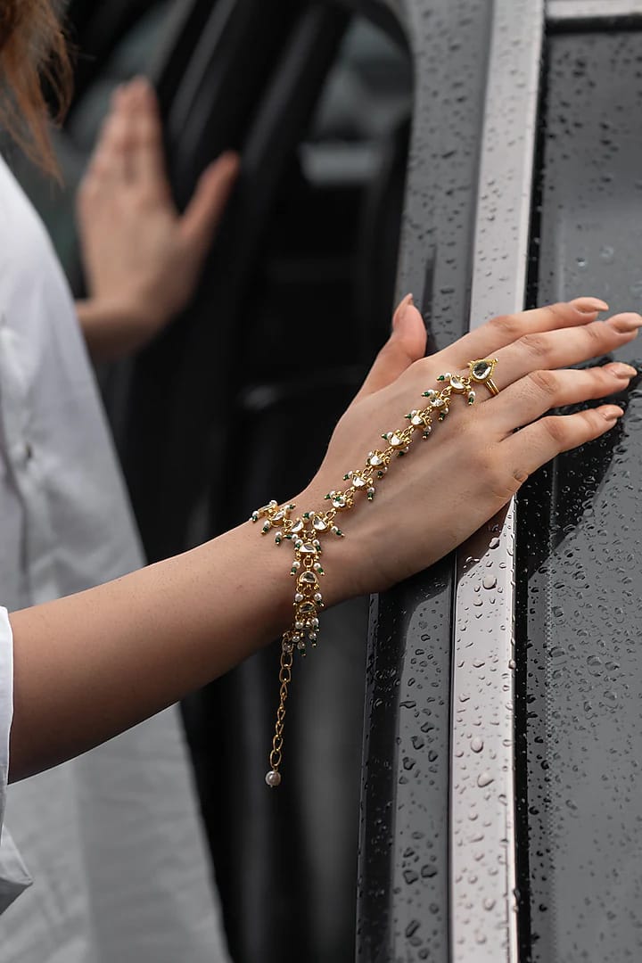 Gold Plated Kundan Polki & Pearl Hathphool (Pack Of 2) - Image 3