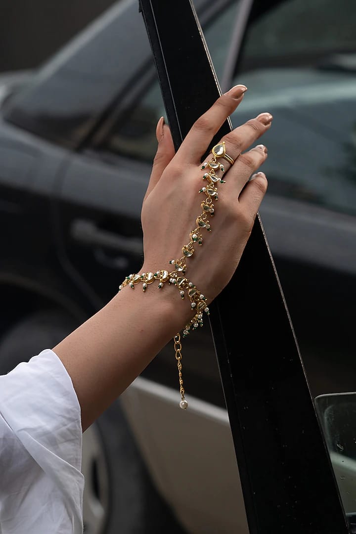 Gold Plated Kundan Polki & Pearl Hathphool (Pack Of 2) - Image 2