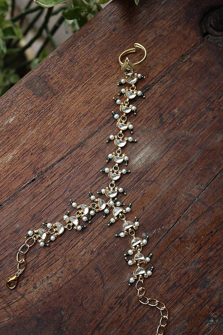 Gold Plated Kundan Polki & Pearl Hathphool (Pack Of 2)