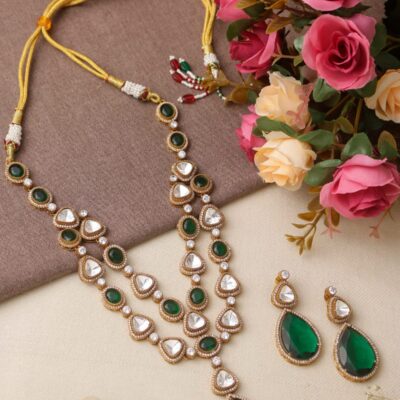 Emarald Green Necklace set, Navratna wedding Engagement Jewelry,CZ Kundan,Indian Pakistani traditional bridal jewelery