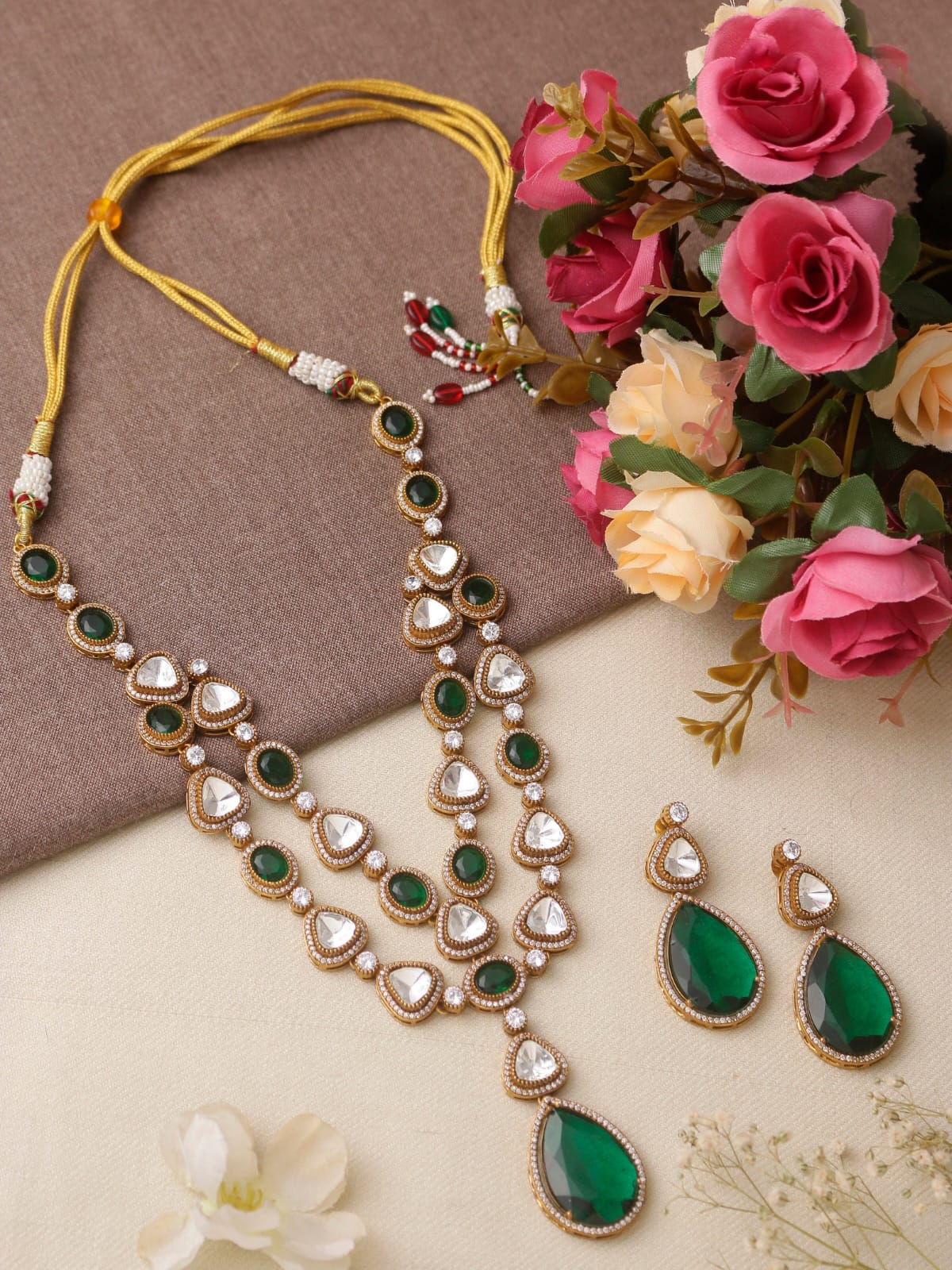 Emarald Green Necklace set, Navratna wedding Engagement Jewelry,CZ Kundan,Indian Pakistani traditional bridal jewelery