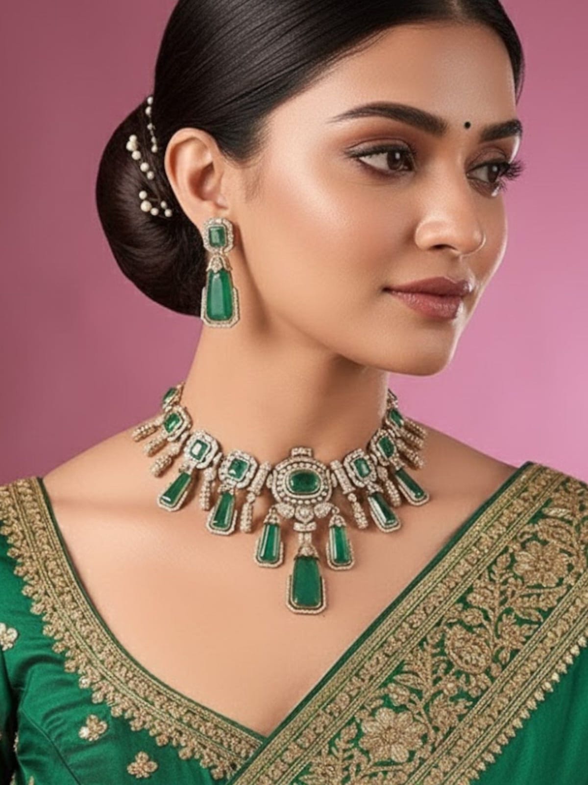 Green Stone Polki Jewellery Set - Image 2
