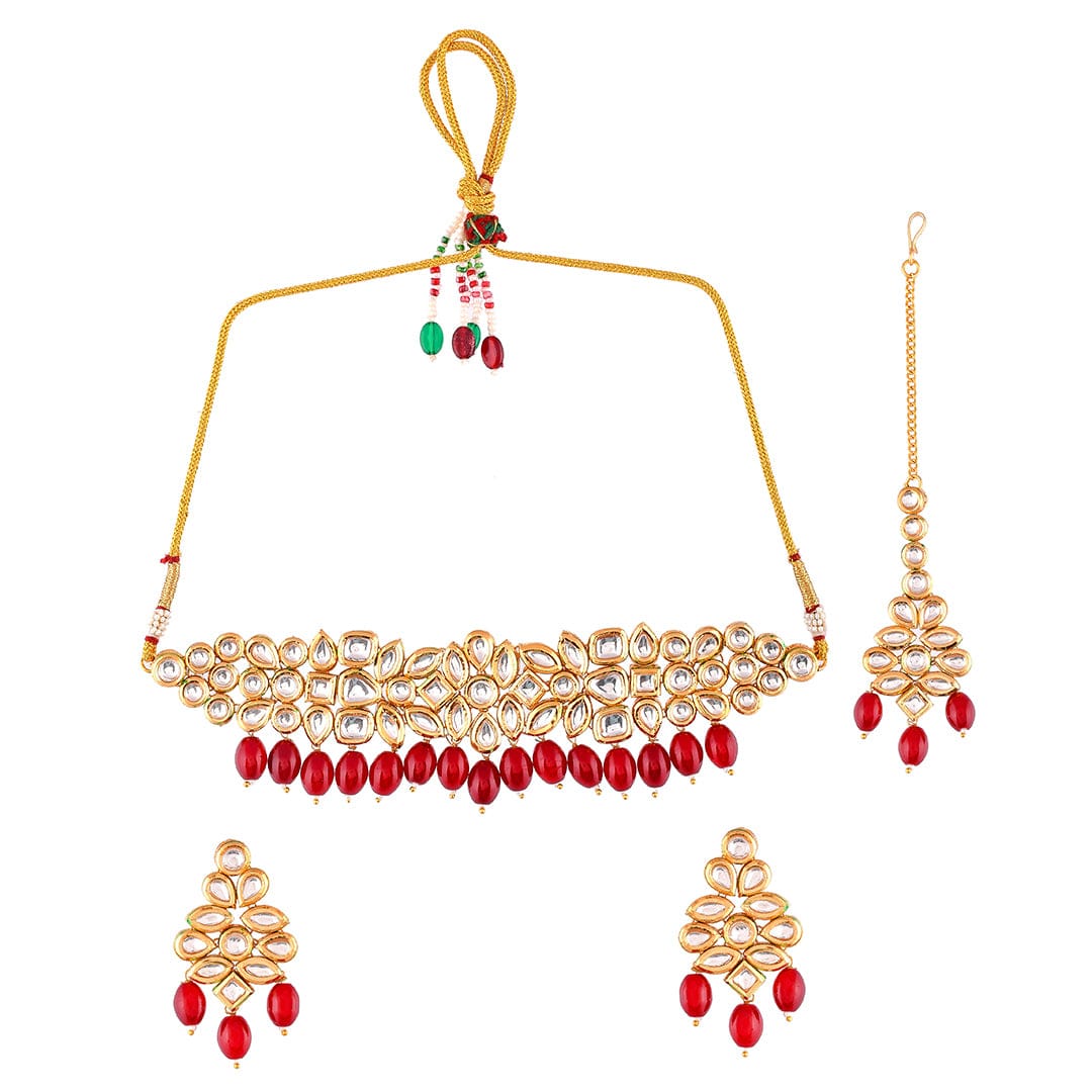 Kundan Elegance Red Beads And Faux Kundan Opulent Maang Tika Set - Image 3