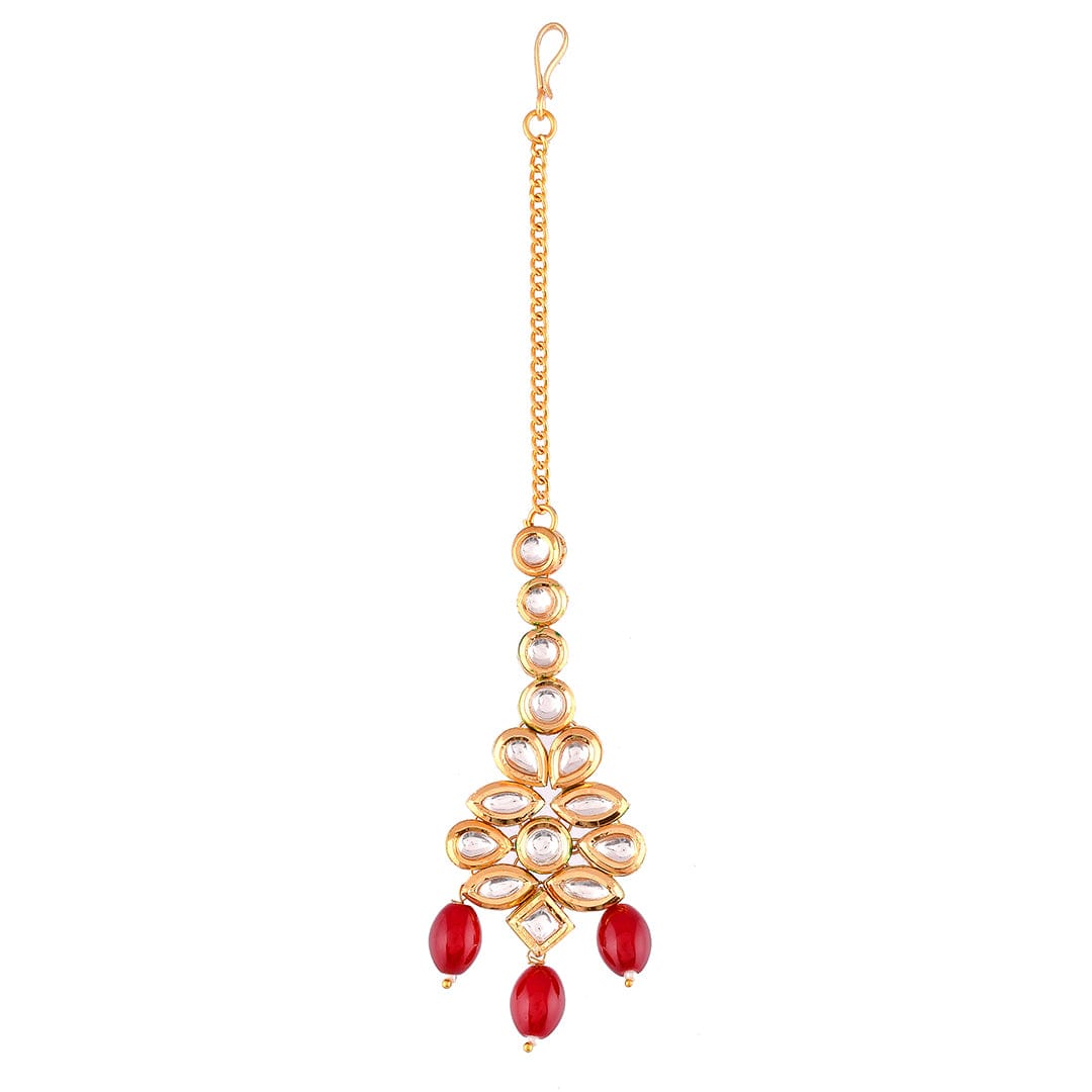 Kundan Elegance Red Beads And Faux Kundan Opulent Maang Tika Set - Image 4