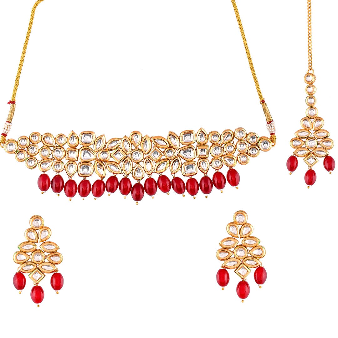 Kundan Elegance Red Beads And Faux Kundan Opulent Maang Tika Set - Image 5