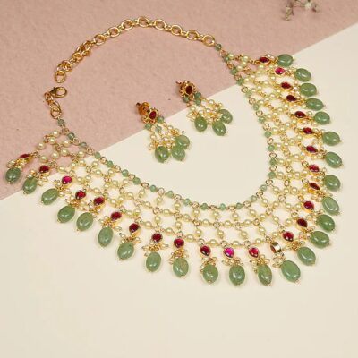 Pearl and Green Drop Necklace Set