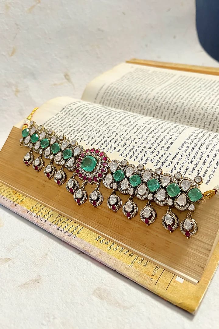 Gold Finish Moissanite Polki & Green Crystal Choker Necklace Set - Image 5