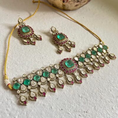 Gold Finish Moissanite Polki & Green Crystal Choker Necklace Set