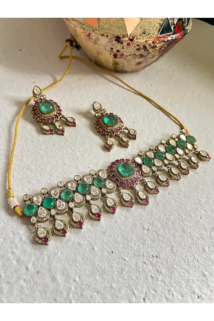 Gold Finish Moissanite Polki & Green Crystal Choker Necklace Set