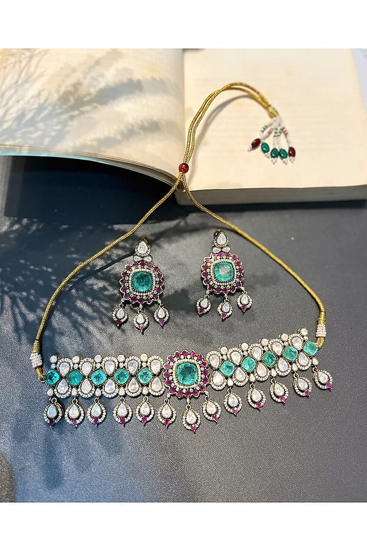 Gold Finish Moissanite Polki & Green Crystal Choker Necklace Set - Image 3