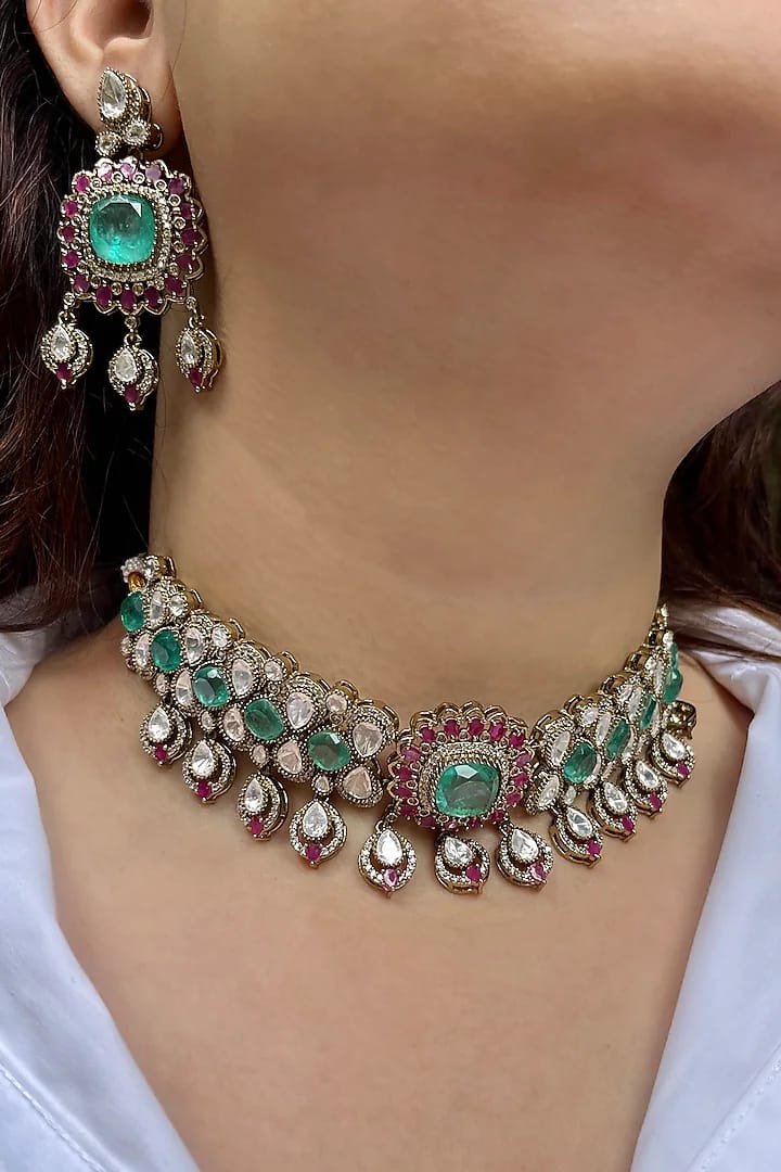 Gold Finish Moissanite Polki & Green Crystal Choker Necklace Set - Image 7